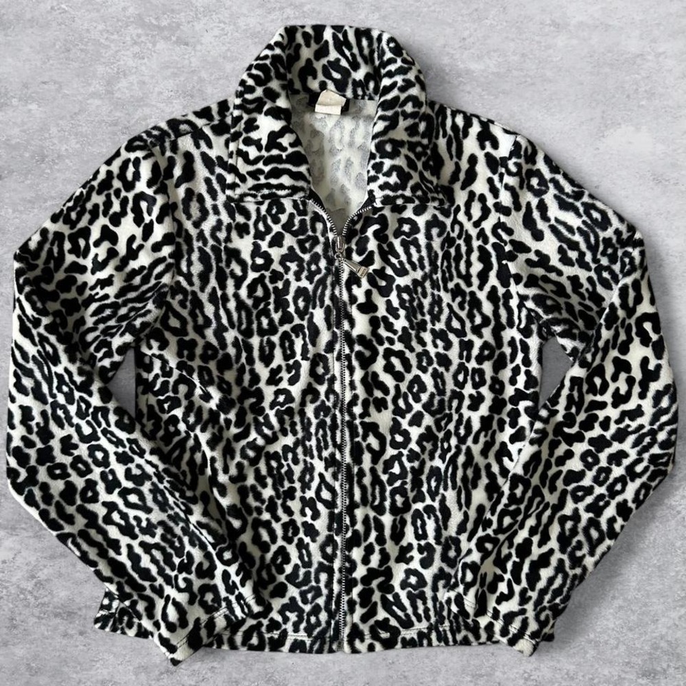 Joinus USA Womens Leopard Print Fleece Zip Up Jacket Black White Small Vintage